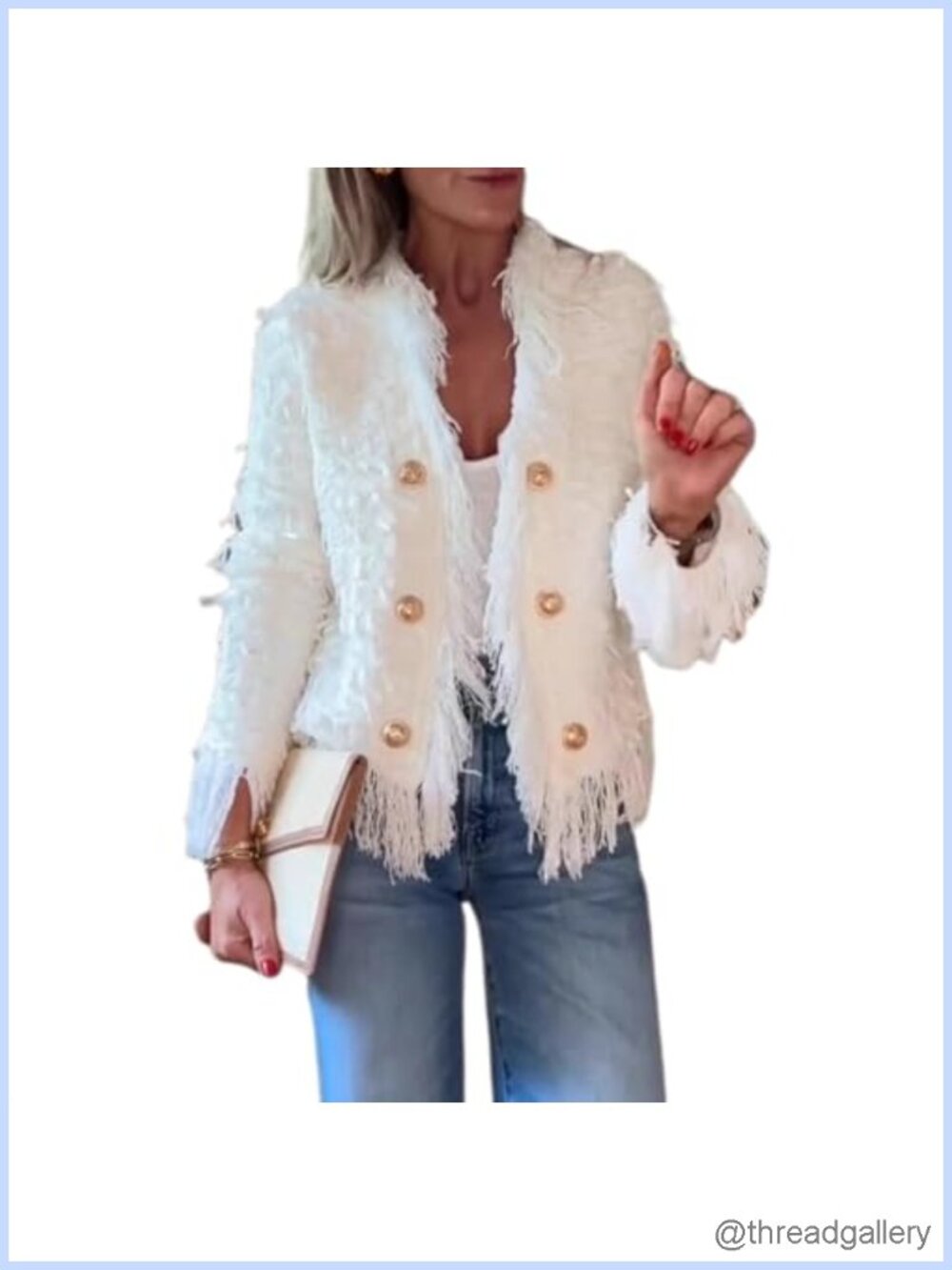 Tweed Fringe Cropped Blazer Open Front Cable Knit Jacket